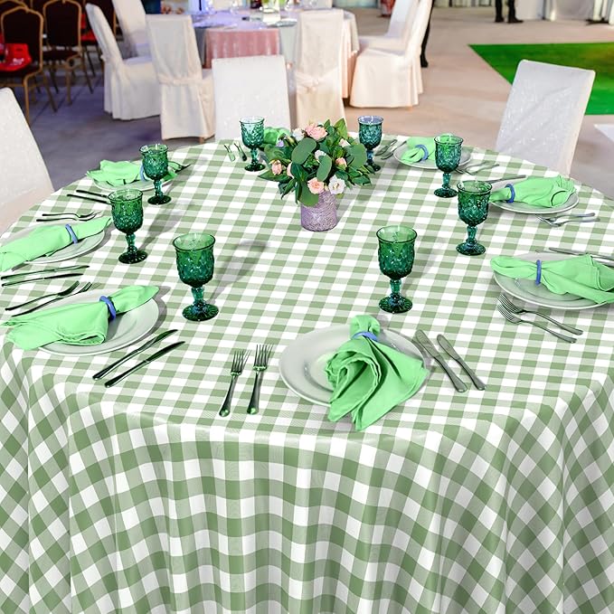 12 Pack Sage Green Plastic Checkered Tablecloth Round, Premium Decorative Disposable Sage Green Gingham Plaid Table Cloths for Parties, Round Party Table Cover for Baby Shower Picnic Birthday, 84 Inch