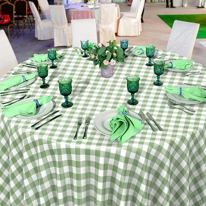 12 Pack Sage Green Plastic Checkered Tablecloth Round, Premium Decorative Disposable Sage Green Gingham Plaid Table Cloths for Parties, Round Party Table Cover for Baby Shower Picnic Birthday, 84 Inch