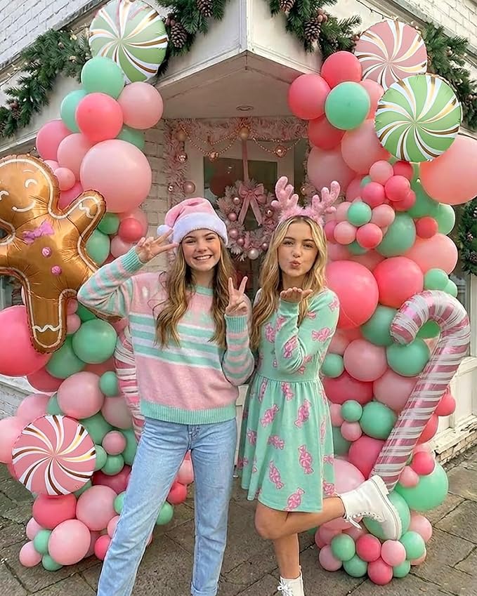 Christmas Balloon Garland Arch kit light magenta green pink balloon with Gingerbread Balloon Cane Candy Foil Balloons for Christmas Party Decorations Xmas New Year Birthday Party Supplies