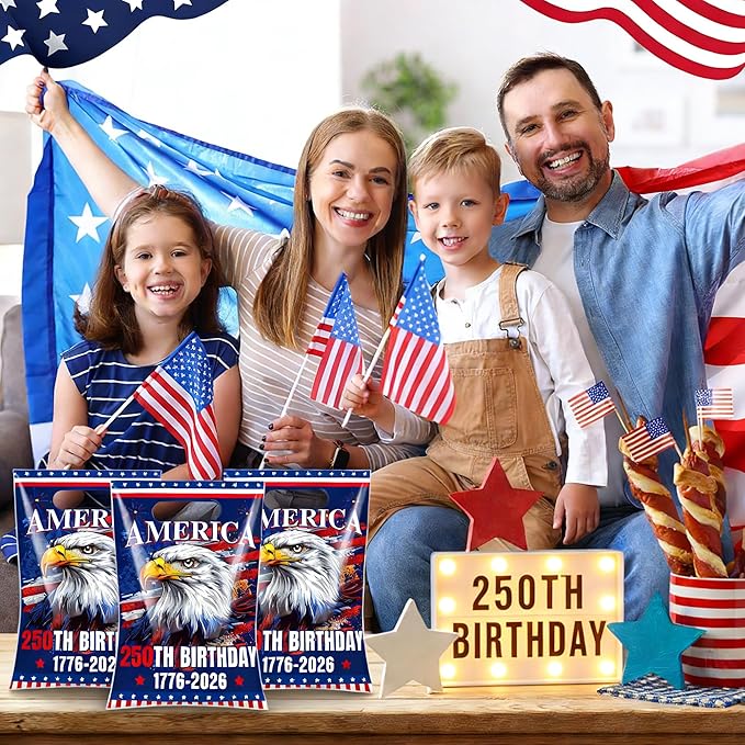 Hokinaa 250th Anniversary Goodie Bag - 50 Pcs 250 Birthday Plastic Merchandise Gift Treat Party Favors Candy Bags Bulk with Handles Patriotic America Decorations Decor Supplies for 4th of July USA