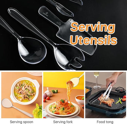Boocalny 24 Pcs Plastic Serving Utensils, Clear Disposable Utensils,6 Pcs Each 9.7" Serving Spoons, 9.7" Forks, 6.3" Tongs and 7" Cake Cutter,Plastic Buffet Cutlery Set for Serving Food Birthday Party