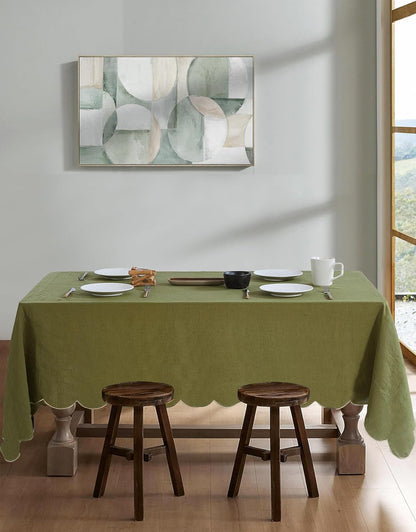 100% French Flax Linen Tablecloths Scalloped Embroidery Rectangle 120Lx60W Inch for Dinners, Parties, Spring, Machine Washable, 10-12 Sets, Olive Green(Edges-Gold)