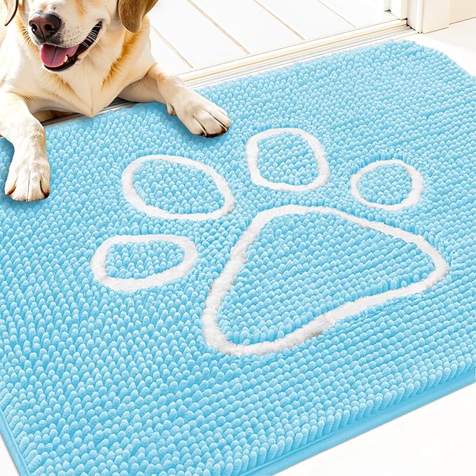 OLANLY Dog Door Mat for Muddy Paws 30x20, Paw Print Design, Absorbs Moisture and Dirt, Absorbent Non-Slip Washable Doormat, Quick Dry Chenille Mud Mat for Dogs, Entry Indoor Entryway Carpet, Blue