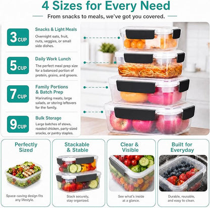 YORY 7 cup Plastic Food Storage Containers with Lids Nestable Freezer Dishwasher Safe Rectangle Meal Prep Container Set,5-Pack