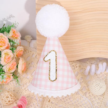 Pink Gingham Style 1st Birthday Hat - 1st Birthday Party Hat for girls, Baby girl 1st Birthday Decoration, Princess First Birthday Crown, Pink and Gold 1st Birthday Decor