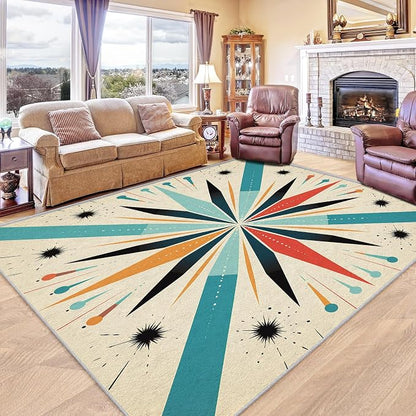 Mid Century Modern Rug 4x5, Washable Retro Sun Rugs for Living Room Bedroom, Atomic Geometric Area Rug for Home Decor, Non Slip Backing Floor Carpet with Gripper - 4 x 5 ft