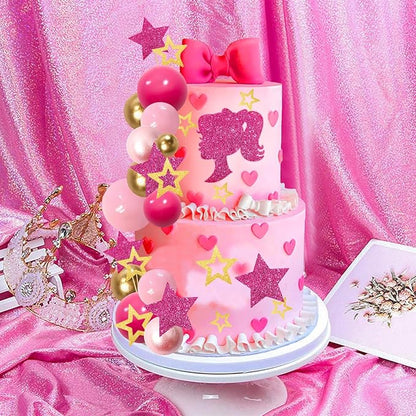 MEMOVAN Hot Pink Girl Cake Toppers 36pcs Ball Cake Decorations with Hot Pink Gold Balls Shiny Stars for Boho Girl Pink Princess Theme Wedding Baby Shower Birthday Party Supplies