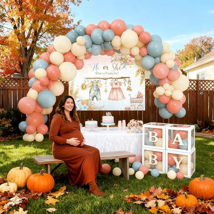 138Pcs Gender Reveal Decorations Kit with Dusty Pink Blue Balloon Garland Arch, Baby Box with Letters, He Or She Cloth Backdrop, Boy Or Girl Gender Reveal Ideas Decor Party Supplies