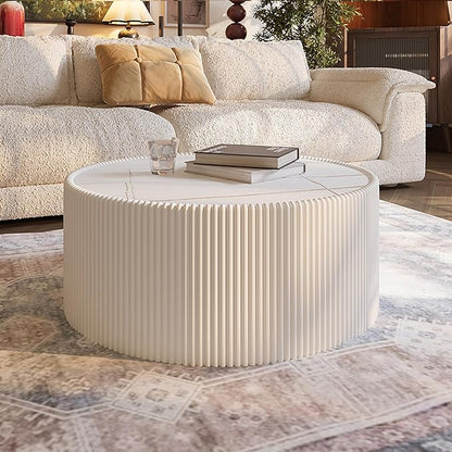 SSLine Round Drum Coffee Table Modern Sintered Stone Top Coffee Table in White