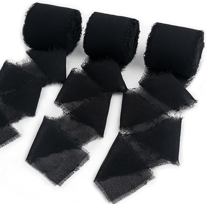Black Chiffon Ribbon, Black Silk 1.5''x21Yd Handmade Frayed Fringe Ribbons for Wrapping, DIY Bows, Invitations, Bridal Bouquets, Crafts, Birthday, Wedding, Halloween, Party Decoration, 3 Rolls