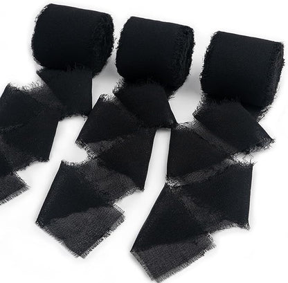 Black Chiffon Ribbon, Black Silk 1.5''x21Yd Handmade Frayed Fringe Ribbons for Wrapping, DIY Bows, Invitations, Bridal Bouquets, Crafts, Birthday, Wedding, Halloween, Party Decoration, 3 Rolls