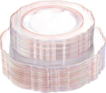 WDF 100pcs Rose Gold Plates Plastic Disposable - Baroque Clear and Rose Gold Plates for Parties or Weddings including 50PCS Dinner Plates 10.25’’ and 50PCS Salad Plates 7.5’’