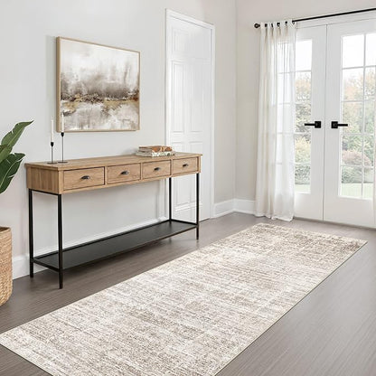 Runner Rug Non-Slip Kitchen Rug: 3x8 Washable Abstract Modern Soft Stain Resistant Indoor Floor Neutral Accent Throw Carpet for Hallway Bathroom Laundry Room Bedroom Entryway- Brown