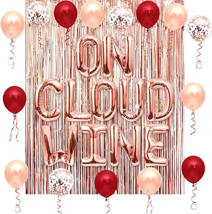 Bride On Cloud Wine Balloon Banner for Wine Bachelorette Party Decoration, Rose Gold Letter Balloons with Balloon Arch Tassel Curtain for On Cloud 9 Bridal Shower Decorations
