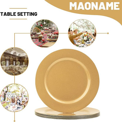 MAONAME Gold Charger Plates Set of 6, 13-Inch Round Plate Chargers for Dinner Plate, Plastic Table Chargers for Wedding Decor, Party