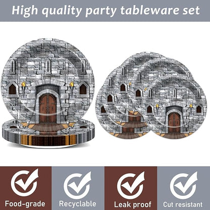 CHUNNIN 96PCS Medieval Plates Napkin Halloween Castle Party Decorations Castle Knight Birthday Dessert Plates Medieval Themed Tableware Set for 24 Guests Kids Birthday Baby Shower Party Supplies