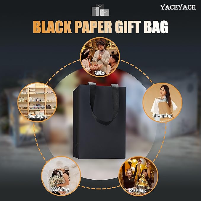 Black Kraft Paper Gift Bags - 20Pcs 5.25"x3.75"x8" With Ribbon Handles for Wedding, Party, Birthday, Retail