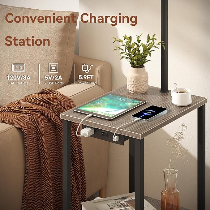 SUNMORY Floor Lamp with Table, End Table for Living Room with Lamp, Shelves Side Table with Charging Station(USB & AC Port), 3 Color Temperature LED Bulb, Modern Nightstand Lamp for Bedroom, Office