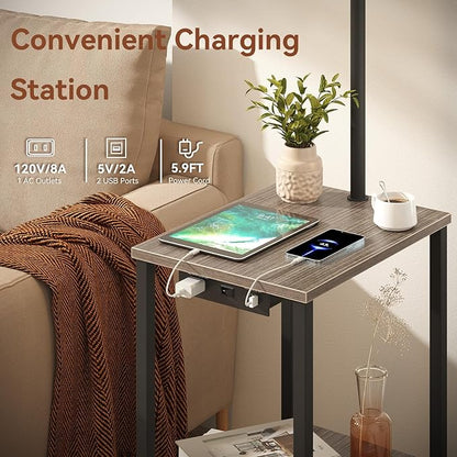 SUNMORY Floor Lamp with Table, End Table for Living Room with Lamp, Shelves Side Table with Charging Station(USB & AC Port), 3 Color Temperature LED Bulb, Modern Nightstand Lamp for Bedroom, Office
