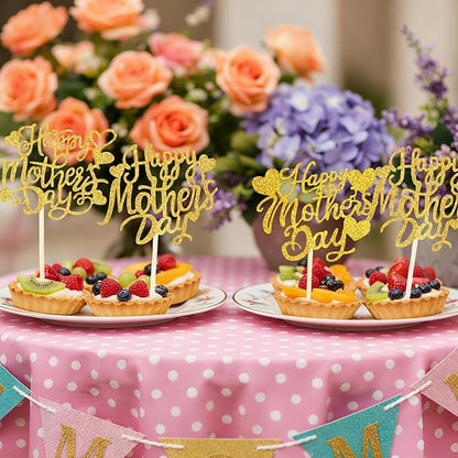 Happy Mothers Day Cake Topper, 24 Pcs Mothers Day Cupcake Toppers, Glitter Gold Happy Mother's Day Cupcake Toppers Food Picks Cake Decoraitons for Birthday Mothers Day Decorations