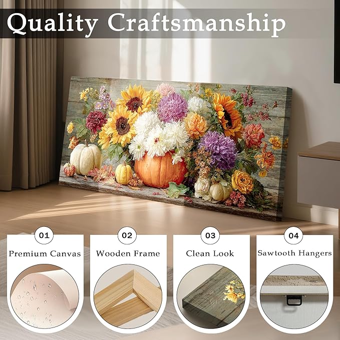 imjiayu Floral Wall Art, Large Wall Art, Rustic Wall Decor, Autumn Pumpkin Painting Prints, Flowers Still Life Pictures for Living Room Bedroom Kitchen Dining Room Farmhouse Home Decorations 20"x40"