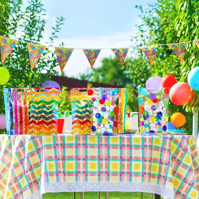 Pasimy 60 Pcs Pride Rainbow Plastic Candy Bags Polka Dot Stripes Printed Treat Goodie Gift Bags with Handle for LGBT Wedding Baby Shower Birthday Party Favor Supplies, 6 Design