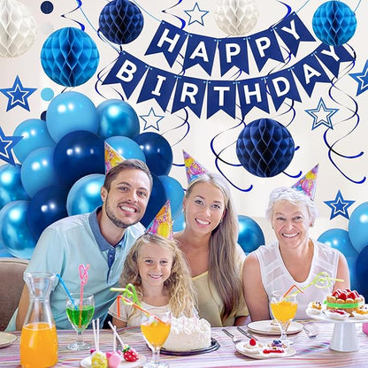ZERODECO Birthday Decorations, Easy to Assemble Blue Happy Birthday Banner with Honeycomb Ball, Balloon, Hanging Swirl Streamer, Garland, Happy Birthday Party Decorations for Women Men Boys Girls