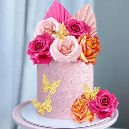 Boho Cake Topper Flower Palm Leaves Cake Decorations for Bohemian Wedding Baby Shower Birthday Party Supplies (Hot Pink)