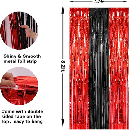 PIGETALE, 2 Pack 3.2x8.2 Feet Black and Red Foil Fringe Curtains Party Decorations, Tinsel Curtain Backdrop Streamers for Birthday Graduation Fiesta Stranger Theme Halloween Christmas Party Supplies