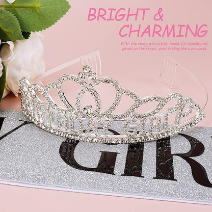 CIEHER Birthday Girl Crown and Birthday Sash Silver Birthday Tiara for Women Birthday Girl Headband Princess Crown Birthday Decorations Birthday Crown and Sash Rhinestone Happy Birthday Accessories Birthday Gifts