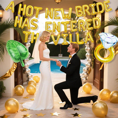 A Hot New Bride Has Entered The Villa Banner Balloons Palm Tree Ring Mylar Balloon for Love Island Themed Bachelorette Party Decorations