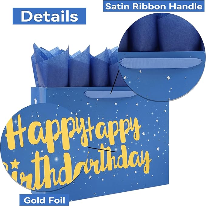 Qirrmiy 16.5” Extra Large Blue Happy Birthday Gift Bag Set with Handles, Greeting Card, Tissue Papers and Stickers for Men Boys Kids, Husband, Father, Stars Design, 1 Pcs
