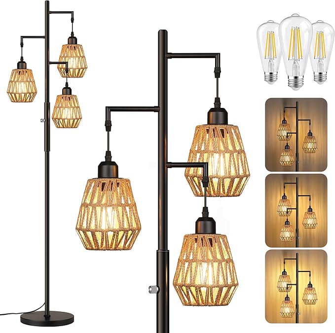 QiMH Farmhouse Floor Lamps for Living Room, Industrial Standing Lamp with 3-Lights Boho Rattan Shades, 68" Modern Rustic Tree Tall Lamps for Bedroom Office, Rotary Switch, 3 LED Bulbs Included