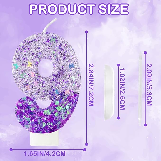 Purple Sequin Birthday Candles, Cake Number Candles, Girls 0th Birthday Decorations, Suitable for Birthday Parties, Anniversary Party Decorations(9)