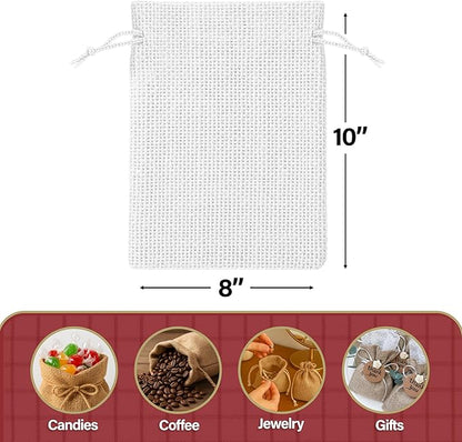Mandala Crafts 8X10 Inch White Burlap Drawstring Gift Bags for Favors - 20 Large Linen Sacks Gift Pouches for Candy, Coffee, Jewelry, Wedding, and Party Supplies