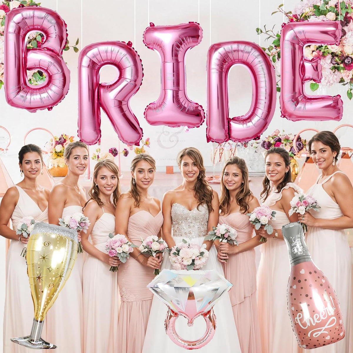 40inch Bride Balloons Pink Letters Banner, Bachelorette Party Decorations Set with Diamond Ring Champagne Bottle Balloon Glass Foil Balloon for Pink Bachelorette Engagement Wedding Bridal Shower Decor