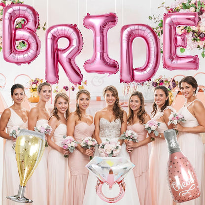 40inch Bride Balloons Pink Letters Banner, Bachelorette Party Decorations Set with Diamond Ring Champagne Bottle Balloon Glass Foil Balloon for Pink Bachelorette Engagement Wedding Bridal Shower Decor