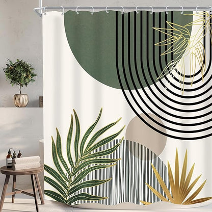 KOMLLEX Mid Century Dark Green Boho Shower Curtain 72Wx72L Inches Abstract Modern Shower Curtains for Bathroom Gold Plant Botanical Minimalist Arch Sun Fabric Liner Waterproof Polyester 12 Pack Hooks