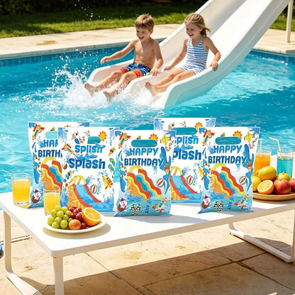 MOIZYNG 50Pcs Splish Splash Summer Birthday Gift Bags with Handles, Blue Splish Splash Happy Birthday Plastic Candy Treat Goodie Bags for Summer Pool Party Favors Supplies