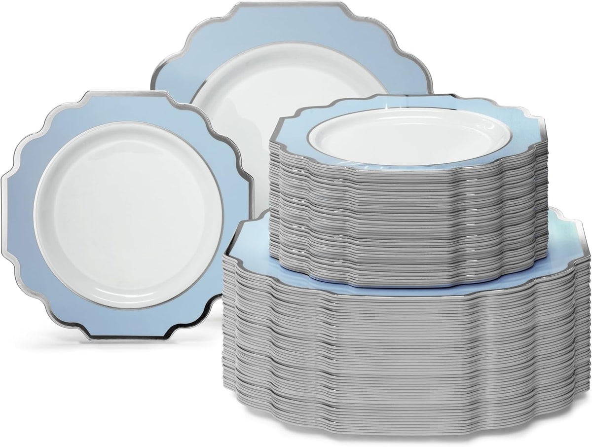 " OCCASIONS " 120 Plates Pack,(60 Guests) Heavyweight Premium Wedding Party Disposable Plastic Plates Set -60 x 10.5'' Dinner + 60 x 8'' Salad/Dessert (Imperial in White/Blue & Silver)