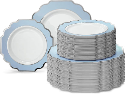 " OCCASIONS " 120 Plates Pack,(60 Guests) Heavyweight Premium Wedding Party Disposable Plastic Plates Set -60 x 10.5'' Dinner + 60 x 8'' Salad/Dessert (Imperial in White/Blue & Silver)