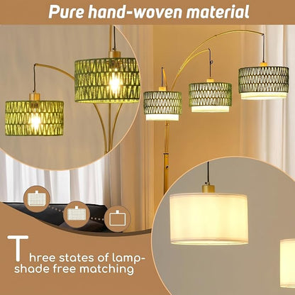 Arc Floor Lamp for Living Room, 80 Inch Gold Rattan Floor Lamp with Rotary Switch, 3 Lights Boho Tall Lamp with Green Wicker Shade for Coastal,Bohemian,Tree Farmhouse Standing Lamp