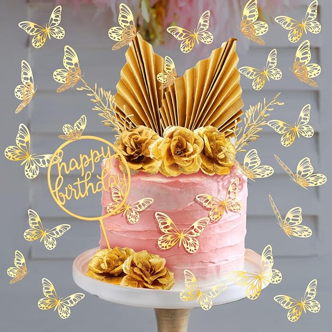 Shimeyao 52 Pcs Gold Happy Birthday Cake Topper Decoration Boho Wedding Cake Topper Rose Flower Butterfly Palm Leaves Balls Birthday Decoration for Women Men Party Decor(Gold)