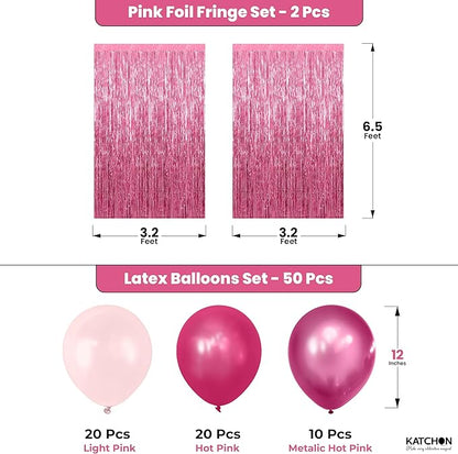 KatchOn, Valentines Day Decorations Set - Huge, Pack of 52 | Pink Fringe Backdrop Curtain and Latex Balloons for Galentines Day Decorations | Bachelorette, Birthday Decoration | Pink Party Decoration