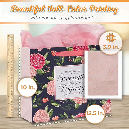 Christian Art Gifts Large Landscape Scripture Gift Bag w/Blank Greeting Card & Wrapping Tissue Paper Set for Women: Strength & Dignity Inspirational Bible Verse Proverb, Beautiful Pink Roses for