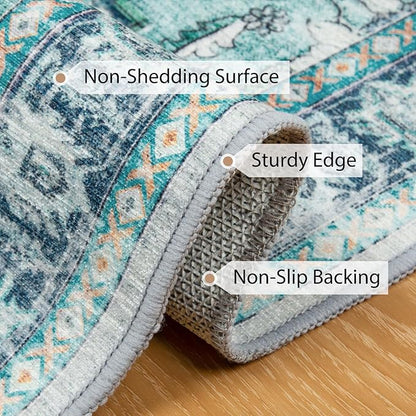 BESTSWEETIE 9x12 Area Rug Washable Rugs for Living Room, No Pile Boho Carpet for Entryway Bedroom Dinning Room, Vintage Carpet Print Distressed Non-Slip, 9 x 12 ft, Teal Dark Green