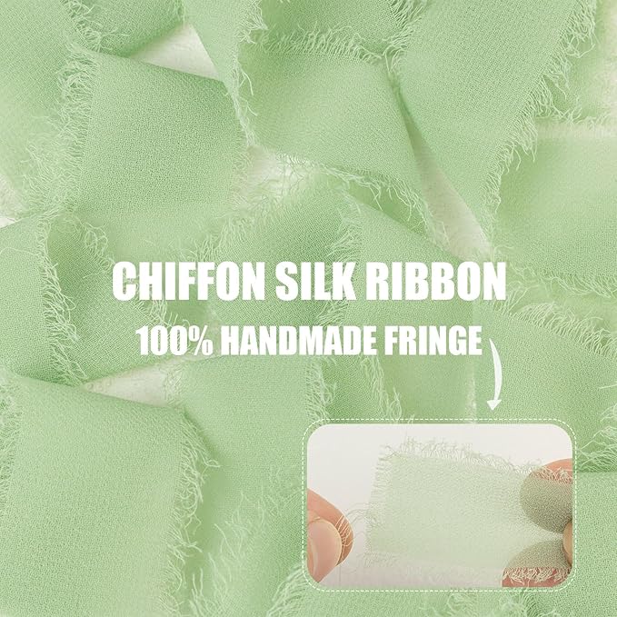 Sage Green Chiffon Ribbon - 1 Inch x 21 Yards, Handmade Fringe, Silk, Boho Frayed, for Gift Wrapping, Wedding Invitation, Bridal Flower Bouquets