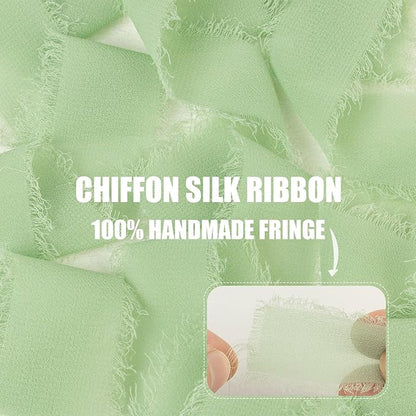 Sage Green Chiffon Ribbon - 1 Inch x 21 Yards, Handmade Fringe, Silk, Boho Frayed, for Gift Wrapping, Wedding Invitation, Bridal Flower Bouquets