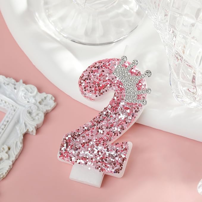 PHD CAKE Birthday Number Candles,Pink Crown Birthday Candles for Cake,Glitter Number 2 Candle Cake Topper with Sequins for Girls,Women, Anniversary Celebrations Supplies