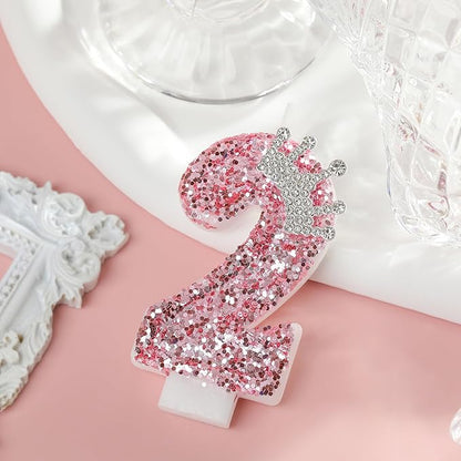 PHD CAKE Birthday Number Candles,Pink Crown Birthday Candles for Cake,Glitter Number 2 Candle Cake Topper with Sequins for Girls,Women, Anniversary Celebrations Supplies